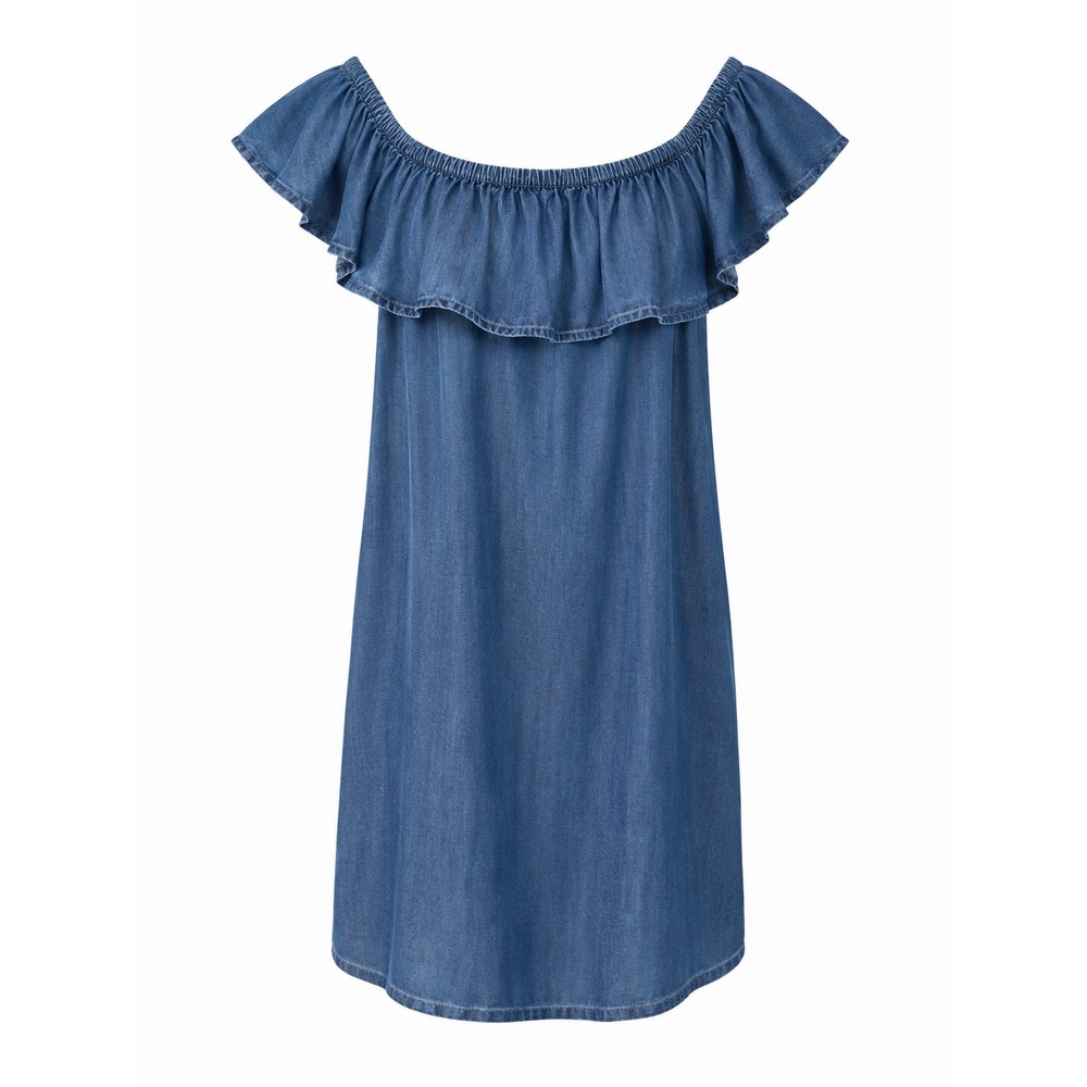Tommy Bahama Off-Shoulder Dress Women Medium Blue Tencel Denim Ruffle Boho‎
